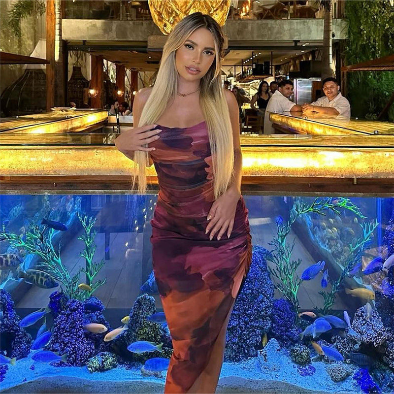Spring Summer Women Clothing Sexy Strap Backless Fold Split Dress