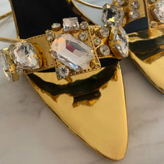 11cm Pointed Gold Rivet Rhinestone Stiletto Heels Summer Sandals Shoes