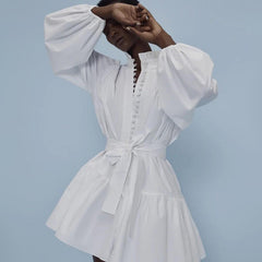 Cotton French Elegant Long Sleeve Dress Women Ruffle Collar Pleated Single Breasted Strap A line Dress