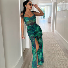 Printing Dress Sexy Sleeveless Halter Backless Slit Casual Dress