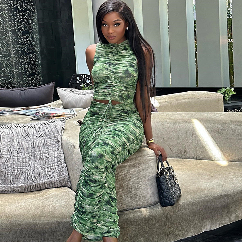 Printed Sleeveless Pullover Drawstring Top Skirt Two Piece Suit Suit Women