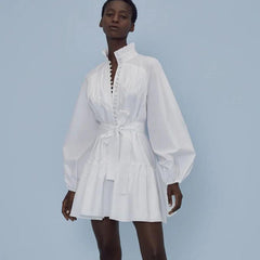 Cotton French Elegant Long Sleeve Dress Women Ruffle Collar Pleated Single Breasted Strap A line Dress