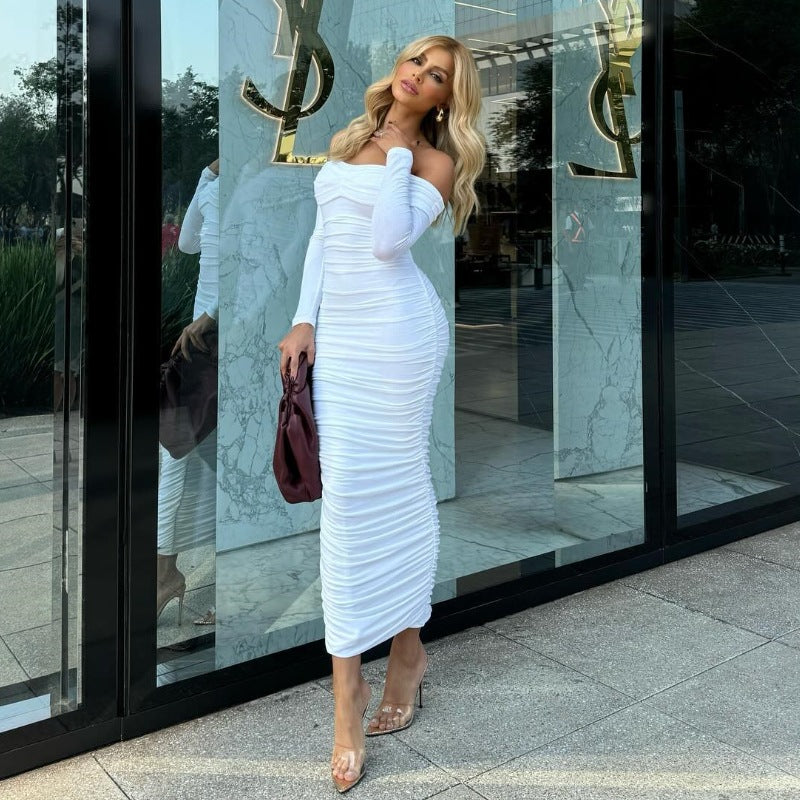 Solid Color Sexy off the Shoulder Maxi Dress Elegant Pleated Long Sleeve Dress Women