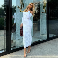 Solid Color Sexy off the Shoulder Maxi Dress Elegant Pleated Long Sleeve Dress Women