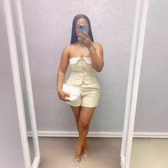 Sexy Contrast Color Lapels Stitching Tube Top Two Piece Set