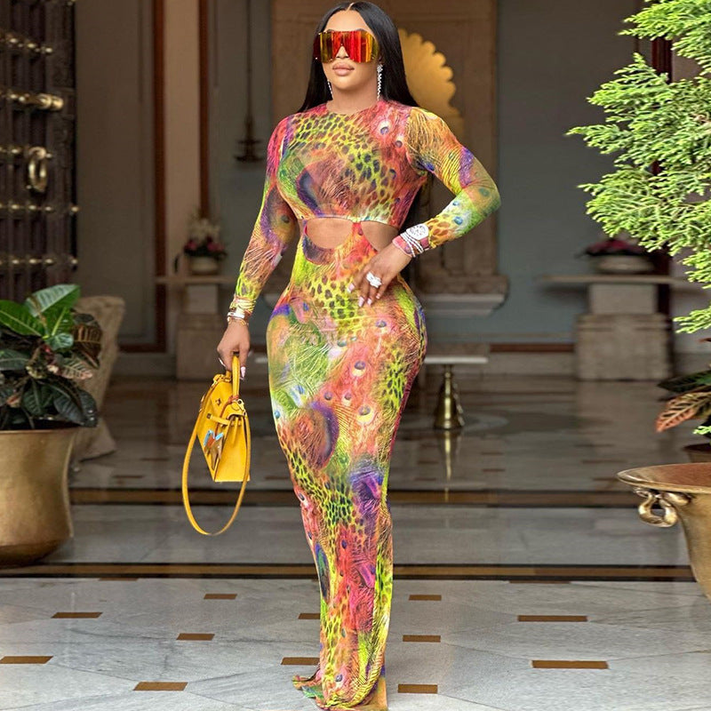 round Neck Tight Maxi Dress Phoenix Tail Printed Long Sleeve Narrow Pencil Dress Street Hipster Women