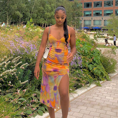 Cross Autumn Street Hipster Printed V neck Hanging Mid Length Split Dress
