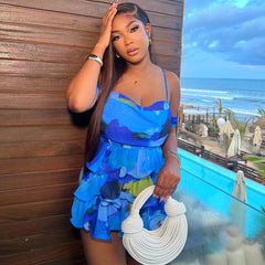 Women Clothing Printing Dress Slim Sexy Sling Backless Dress