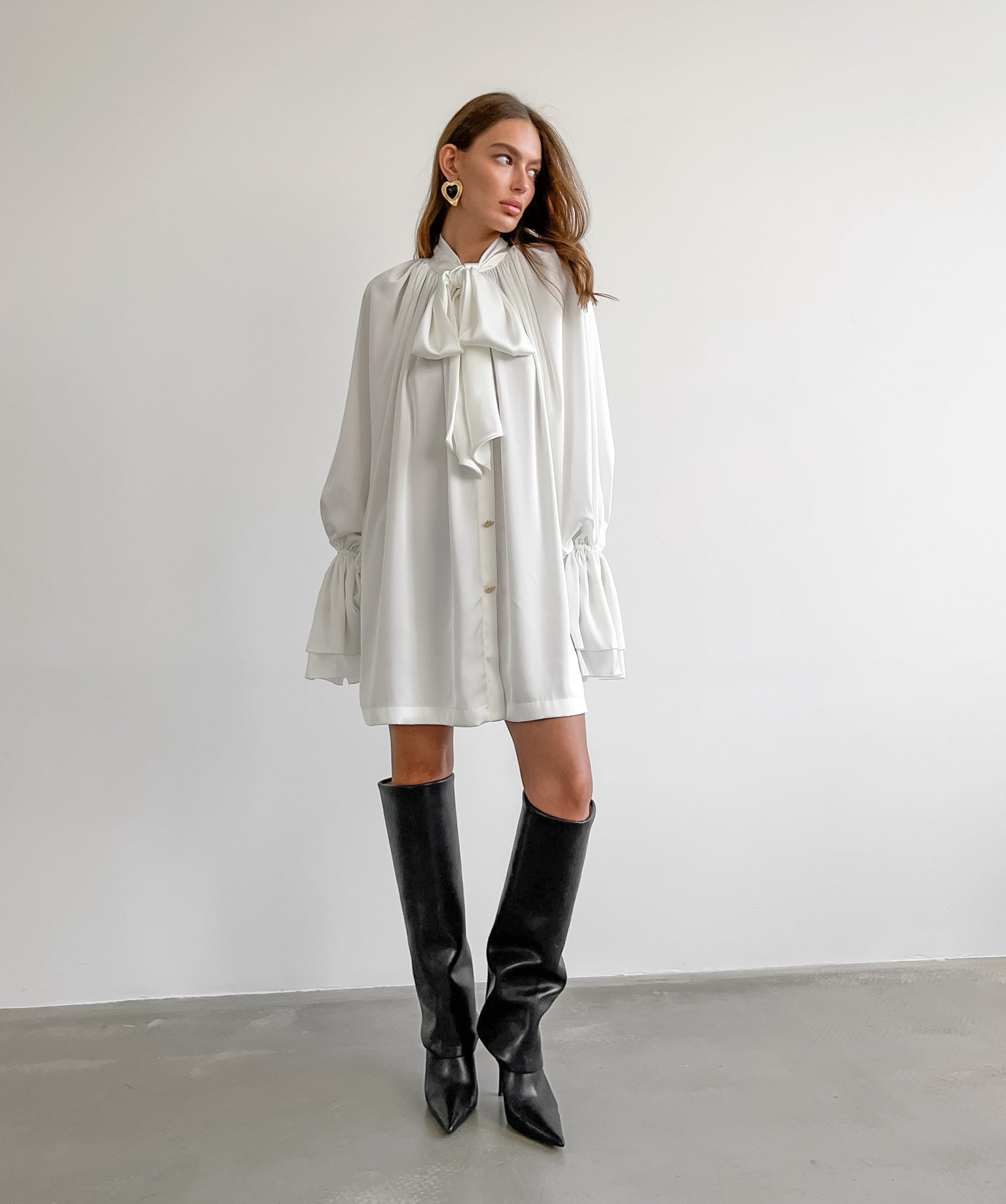 Autumn Winter Casual Elegant Thick Matte Satin Loose Tie Neck Flare Sleeve Tie Neck Women Clothing Dress White