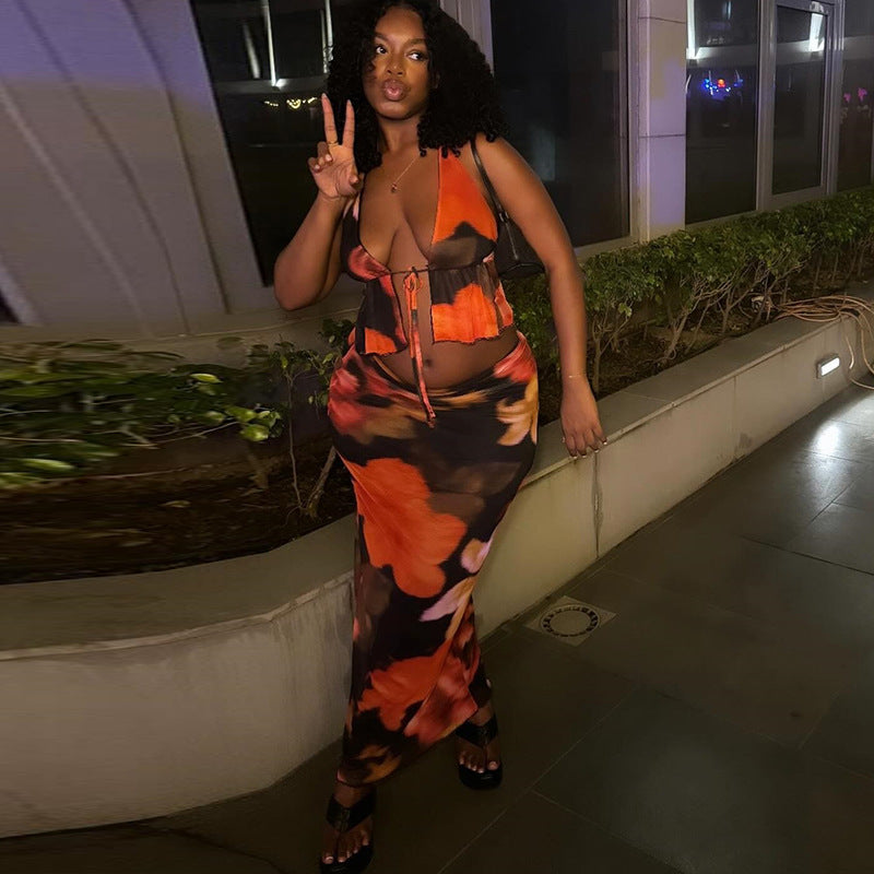 Printing Suit Sexy Strap Lace up Vest Sheath Skirt Two Piece Suit Women
