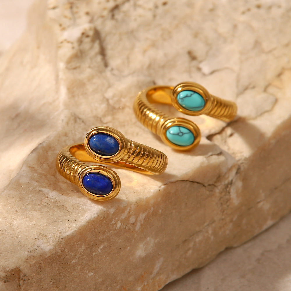 Niche 18K Gold Plated Thread Inlaid Lapis Snake Shaped Open Ring Trendy Bracelet