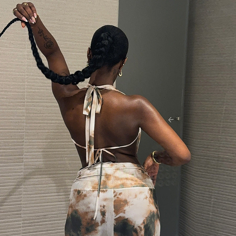 Casual Women Wear Printed Pleated Backless Skirt Set Sleeveless Lace up Deep V Plunge neck Two Piece Set