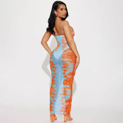 Women Clothing Summer Perspective Mesh Printed Sleeveless off Neck Casual Dress
