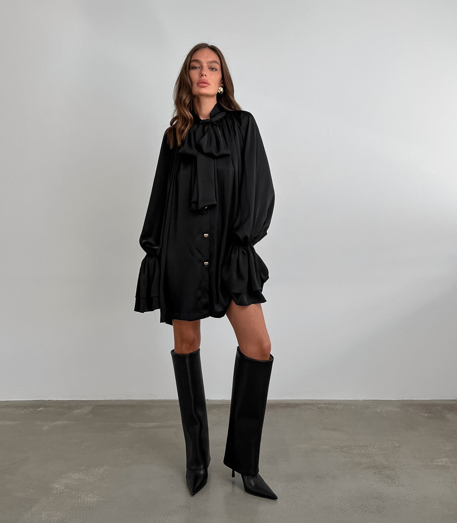 Autumn Winter Casual Elegant Thick Matte Satin Loose Tie Neck Flare Sleeve Tie Neck Women Clothing Dress White
