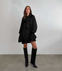 Autumn Winter Casual Elegant Thick Matte Satin Loose Tie Neck Flare Sleeve Tie Neck Women Clothing Dress White