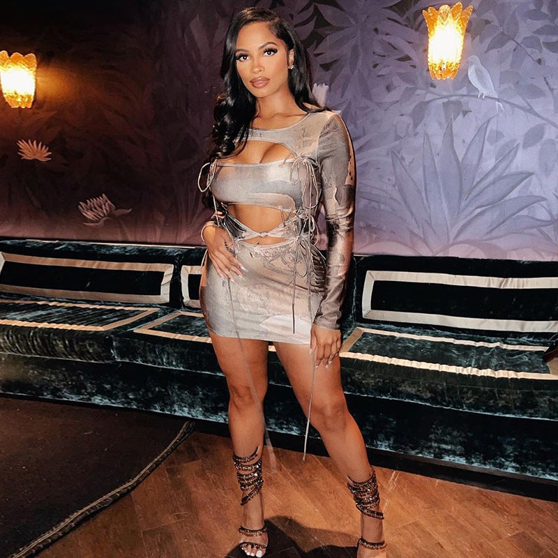 Sexy Round Neck Dress Strap Printing Hollow Out Cutout Out Dress Street Nightclub Long Sleeve Hip Dress Women