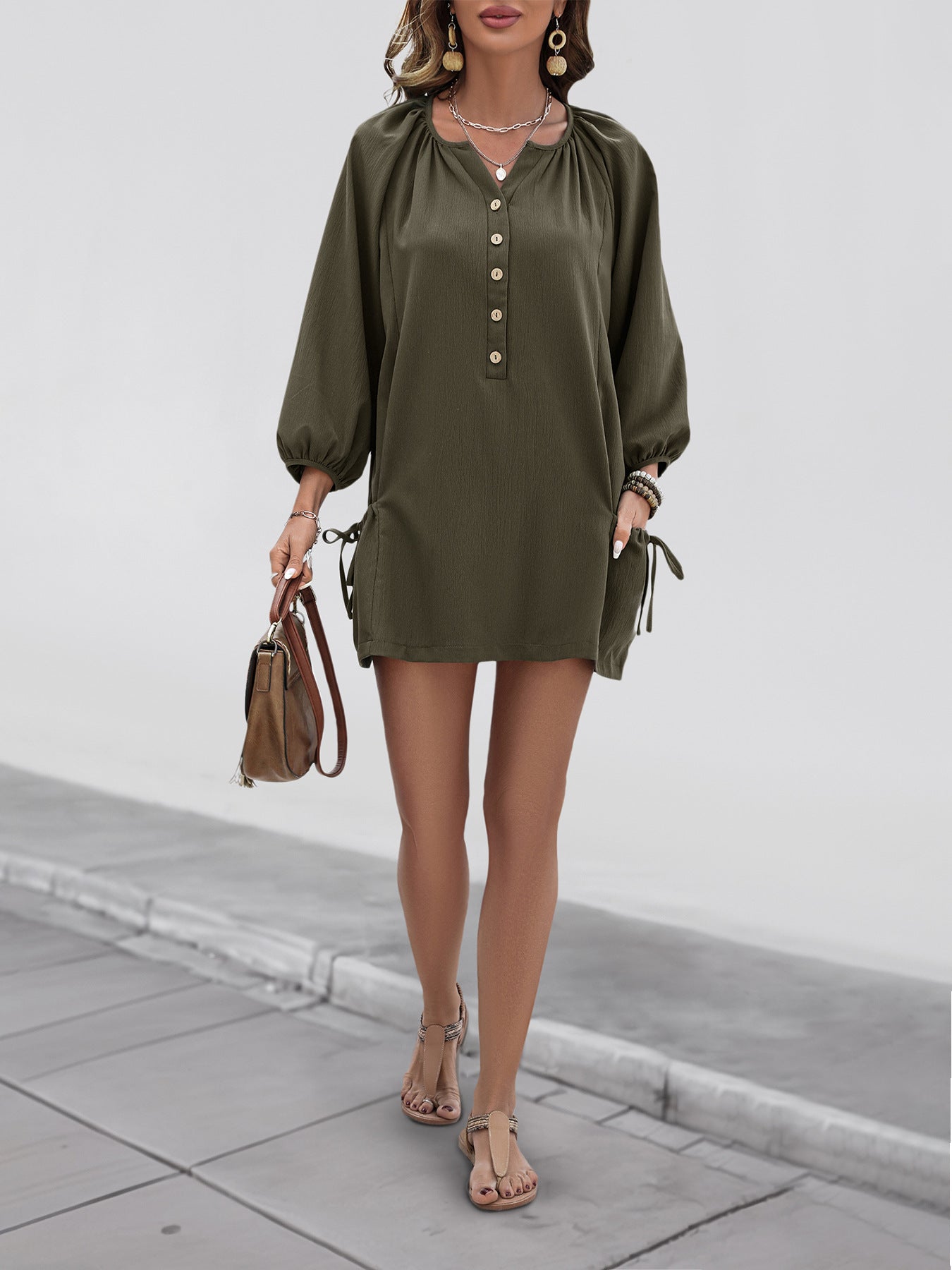 Spring Summer Casual Loose Dress Elastic Design Pocket Solid Color Dress