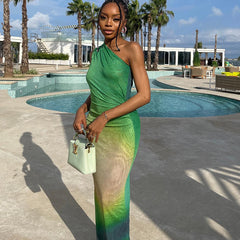 Printed Sexy Crossbody Sleeveless Gradient Color Sheath Maxi Dress Casual Dress Trendy Women