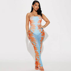 Women Clothing Summer Perspective Mesh Printed Sleeveless off Neck Casual Dress