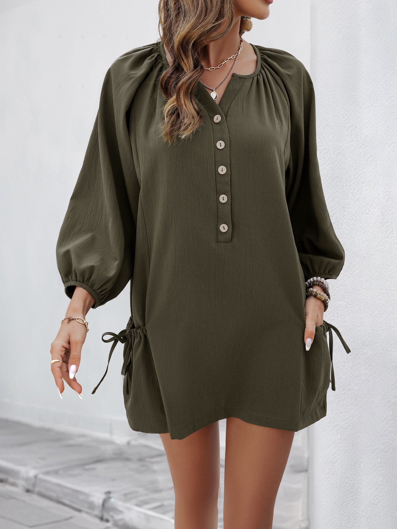 Spring Summer Casual Loose Dress Elastic Design Pocket Solid Color Dress