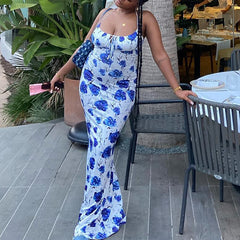 Halter Dress Wrapped Chest Printed Sleeveless Pullover Dress Backless Mid Waist Fishtail Dress Women