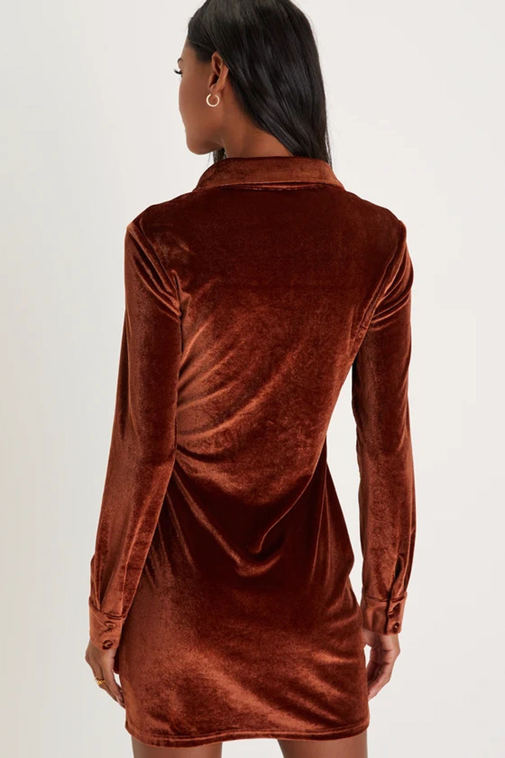 Women Clothing Velvet Shirt Women Long Sleeved Single Breasted Small Pleated Waist Tight Shirt Sheath Dress
