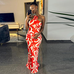Printed Sexy Sleeveless Halter Three Dimensional Floral Decoration Sheath Dress Trendy Women