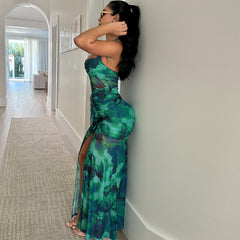 Printing Dress Sexy Sleeveless Halter Backless Slit Casual Dress