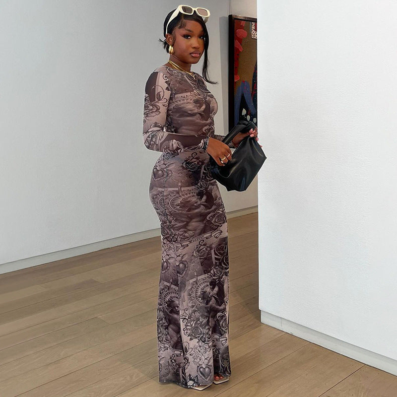 Winter Explosion Round Neck Long Sleeve Printing Dress Women Clothing
