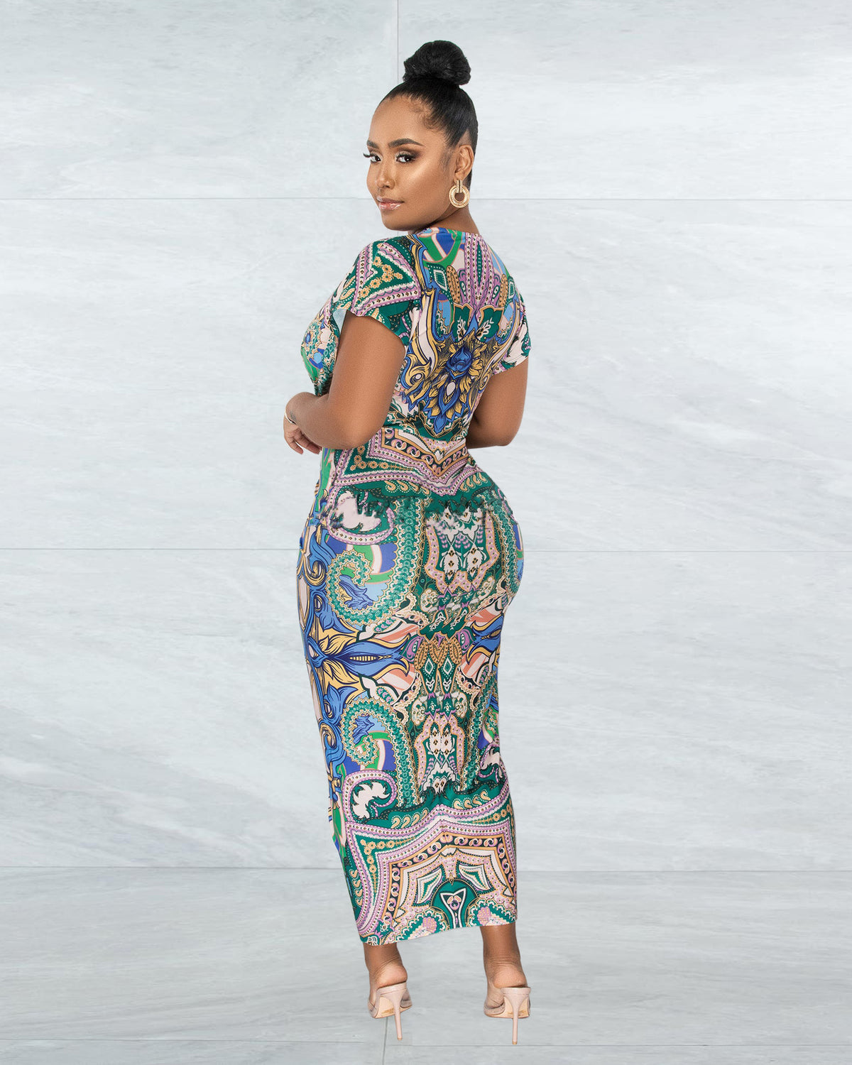 Women Clothing Pattern Print V neck Ethnic Slit Positioning Pleated Jumpsuit