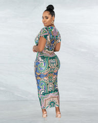 Women Clothing Pattern Print V neck Ethnic Slit Positioning Pleated Jumpsuit