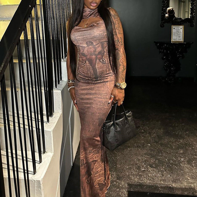 Sexy Stand up Collar Dress Printed Pullover Sleeveless Hollow Out Cutout Maxi Dress Nightclub Fishtail Women