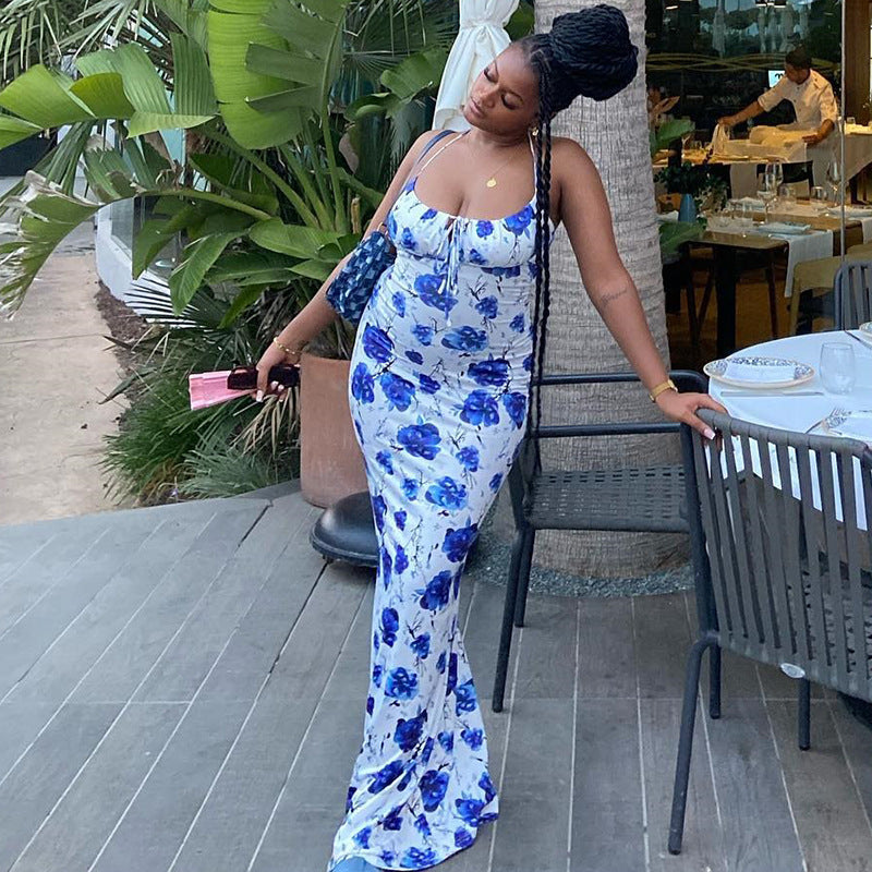 Halter Dress Wrapped Chest Printed Sleeveless Pullover Dress Backless Mid Waist Fishtail Dress Women