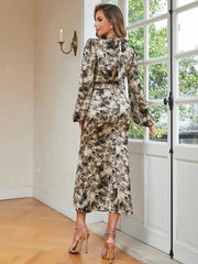 Dress Summer Simple Sexy round Neck Long Sleeve Printed Waist Slim Dress