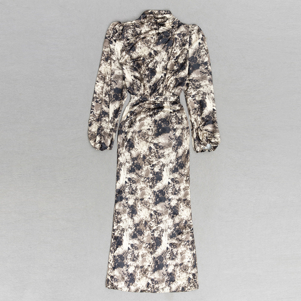 Dress Summer Simple Sexy round Neck Long Sleeve Printed Waist Slim Dress