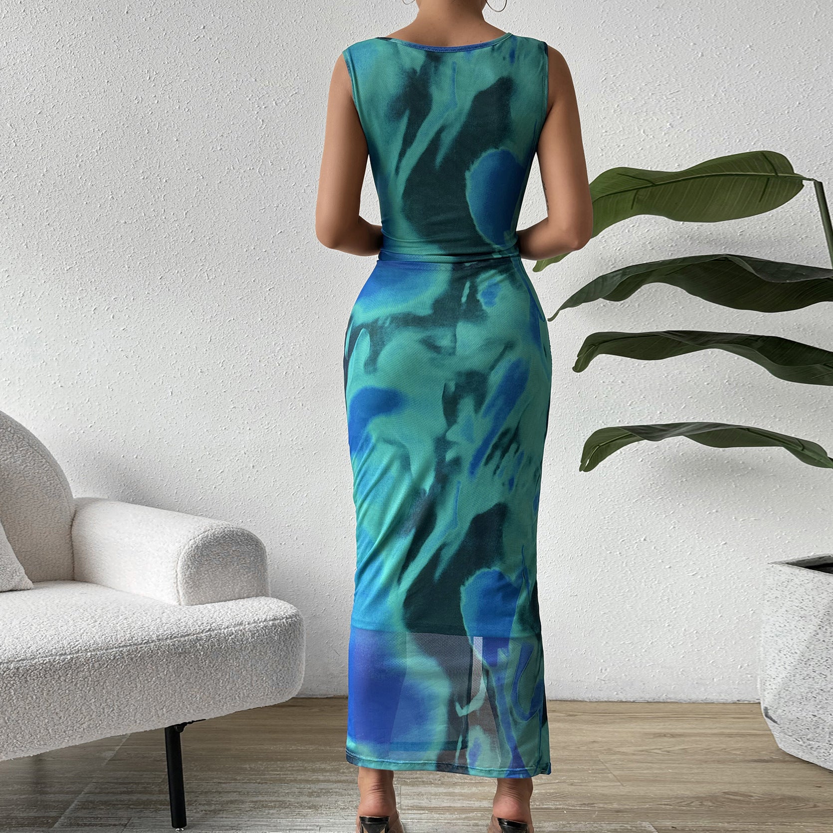 Arrival round Neck Dress Slit Hemline at Hem Sleeveless Slim Print Dress Women