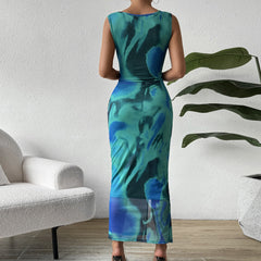 Arrival round Neck Dress Slit Hemline at Hem Sleeveless Slim Print Dress Women
