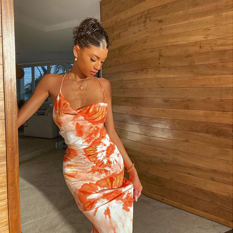 Floral Print Sleeveless Slim Fit Backless Lace up Long Sexy Women Clothing Dress