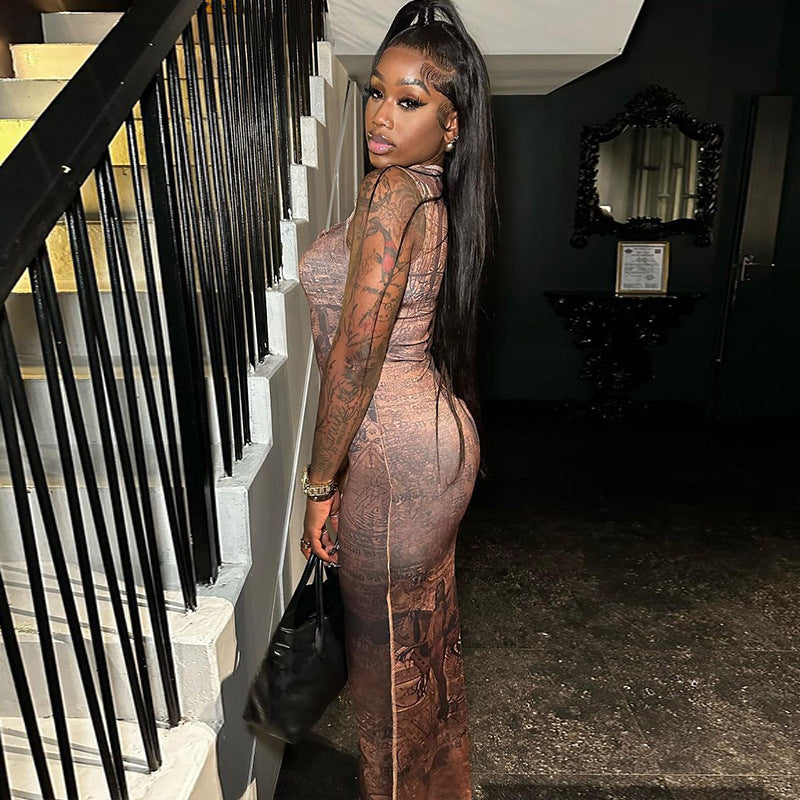 Sexy Stand up Collar Dress Printed Pullover Sleeveless Hollow Out Cutout Maxi Dress Nightclub Fishtail Women