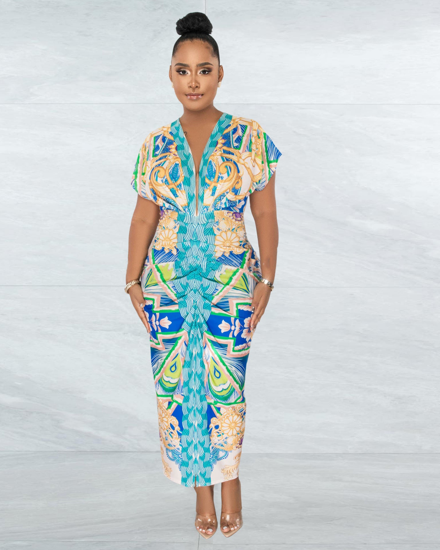 Women Clothing Pattern Print V neck Ethnic Slit Positioning Pleated Jumpsuit