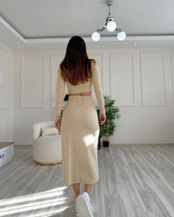 Spring Autumn Solid Color Round Neck Long Sleeve Women Two Piece Suit Split Skirt Set