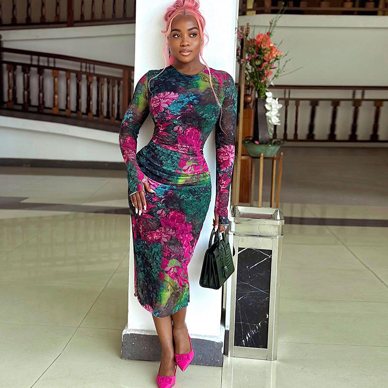 Personality Women Wear Elegant Printed Office Lady Sheath Dress round Neck Long Sleeve Slim Length Dress