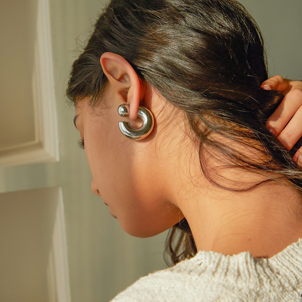 Stainless Steel Front Rear Wear C Shaped Earrings Unique High Grade Niche Titanium Steel Earrings Women