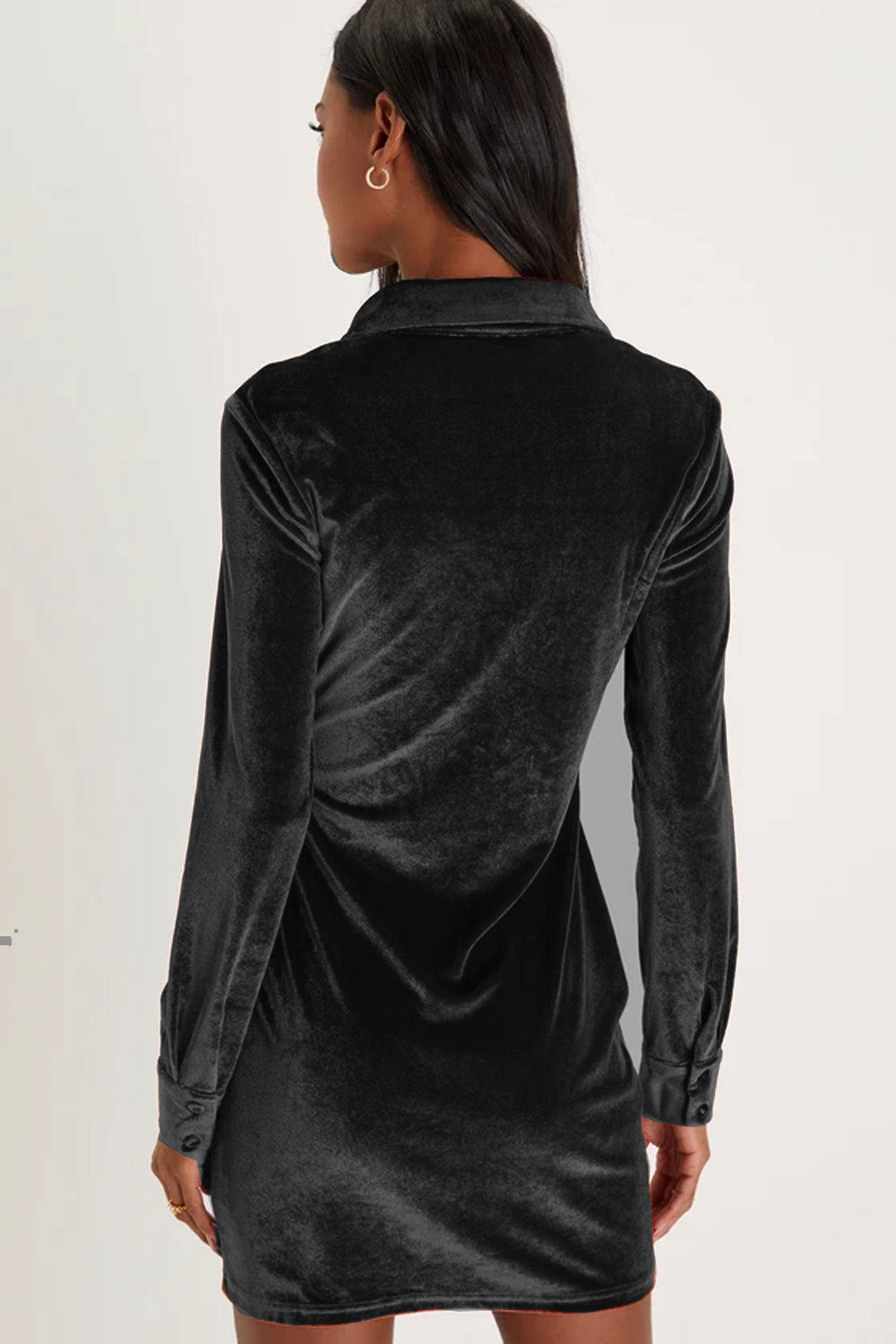 Women Clothing Velvet Shirt Women Long Sleeved Single Breasted Small Pleated Waist Tight Shirt Sheath Dress