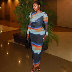 Printing Slim Fit Office Lady Sheath Dress round Neck Long Sleeve Length Dress Color Matching Painted Special Women Clothing