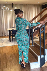 Elegant Turtleneck Long Sleeve Slim Women Clothing Split Print Maxi Dress