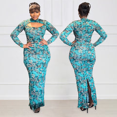 Elegant Turtleneck Long Sleeve Slim Women Clothing Split Print Maxi Dress