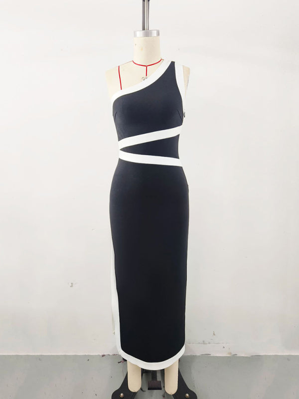 One-shoulder color blocked long skirt waist tight dress party banquet dress