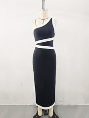 One-shoulder color blocked long skirt waist tight dress party banquet dress