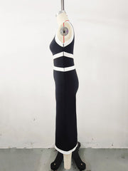 One-shoulder color blocked long skirt waist tight dress party banquet dress